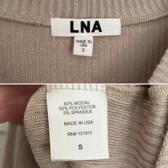 LNA Bardot Ribbed Long Sleeve Tee Choker Keyhole Cutout Neck Oat Beige Sz Small - Picture 11 of 11